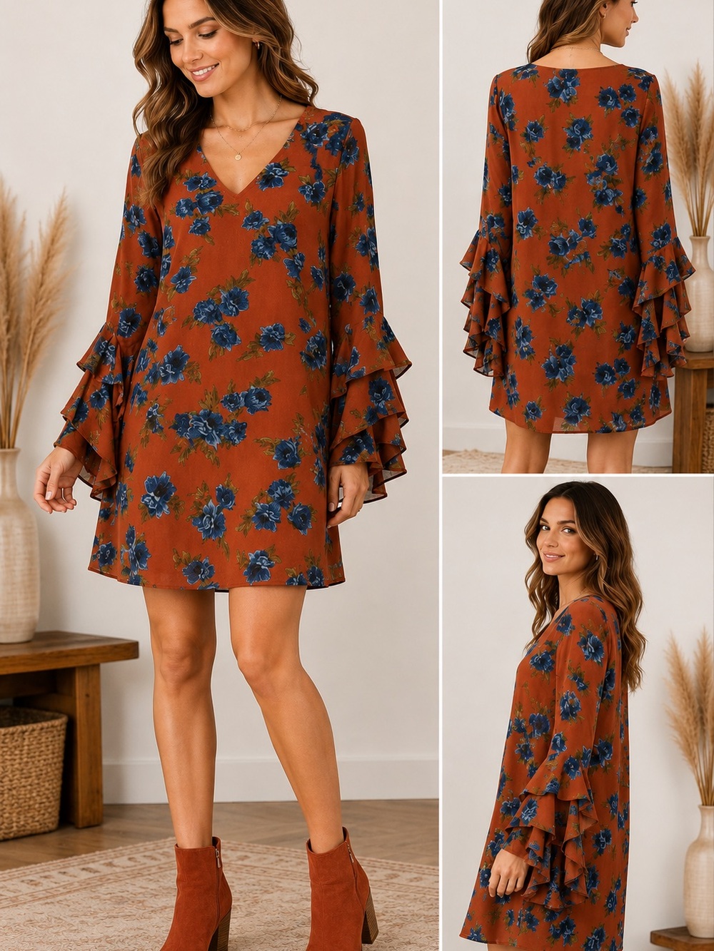Very J Rust Floral V-Neck Long Sleeve Ruffle Dress